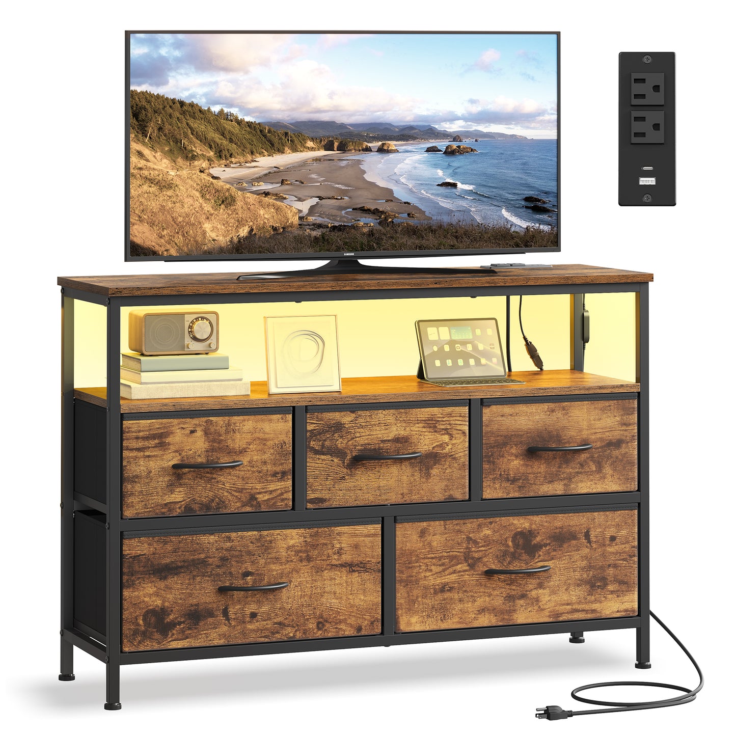 SONGMICS BELLAH Collection - Dresser with App-Controlled LED Lights and Charging Station, Chest, TV Stand, 5 Drawers, Rustic Brown and Ink Black