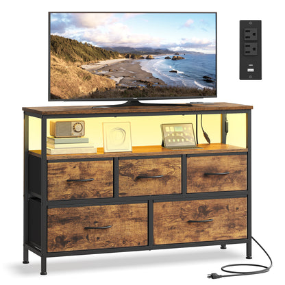 SONGMICS BELLAH Collection - Dresser with App-Controlled LED Lights and Charging Station, Chest, TV Stand, 5 Drawers, Rustic Brown and Ink Black