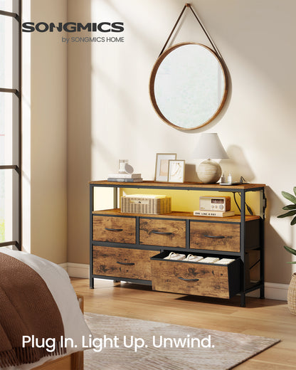 SONGMICS BELLAH Collection - Dresser with App-Controlled LED Lights and Charging Station, Chest, TV Stand, 5 Drawers, Rustic Brown and Ink Black