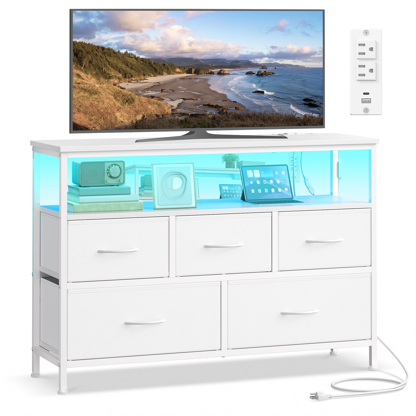 SONGMICS BELLAH Collection - Dresser for Bedroom with App-Controlled LED Lights and Charging Station, Chest, TV Stand, 5 Drawers, Cloud White