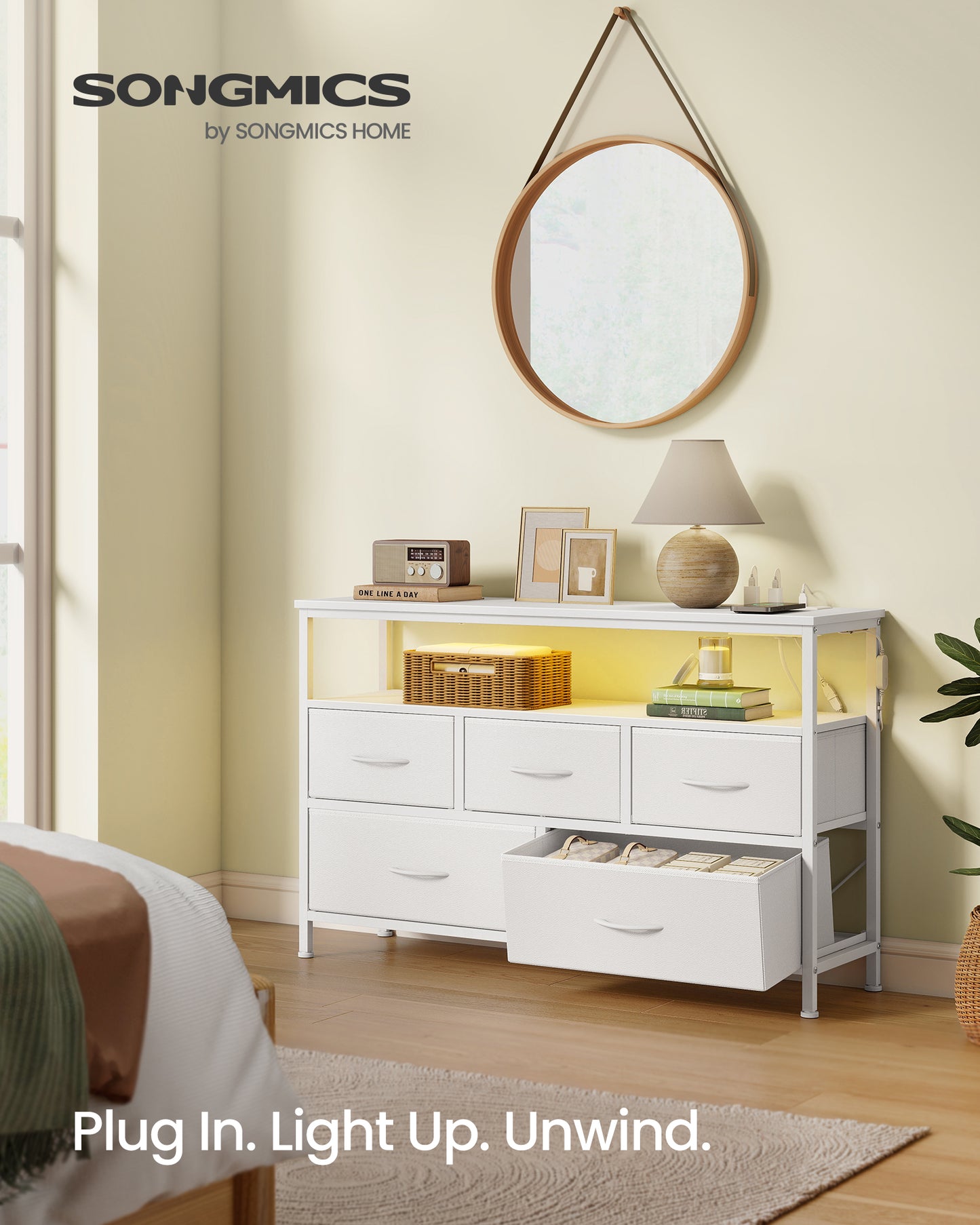 SONGMICS BELLAH Collection - Dresser for Bedroom with App-Controlled LED Lights and Charging Station, Chest, TV Stand, 5 Drawers, Cloud White