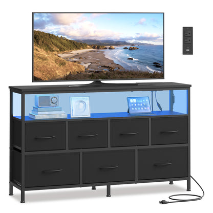 SONGMICS BELLAH Collection - Dresser for Bedroom with App-Controlled LED Lights and Charging Station, Chest, TV Stand, 7 Drawers, Ink Black