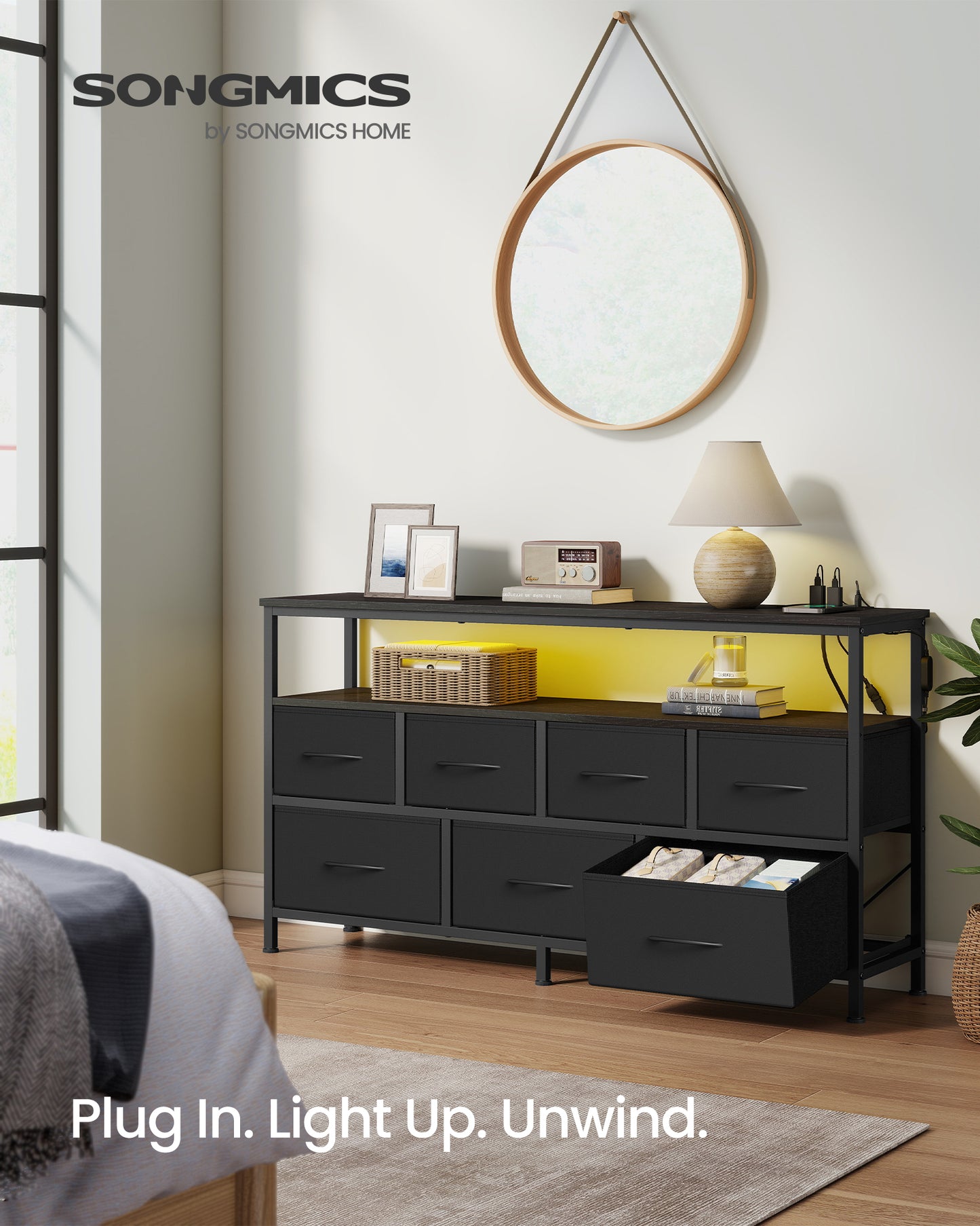 SONGMICS BELLAH Collection - Dresser for Bedroom with App-Controlled LED Lights and Charging Station, Chest, TV Stand, 7 Drawers, Ink Black