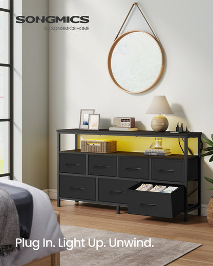 SONGMICS BELLAH Collection - Dresser for Bedroom with App-Controlled LED Lights and Charging Station, Chest, TV Stand, 7 Drawers, Ink Black