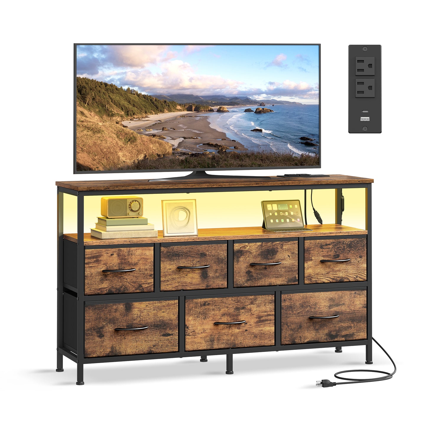 SONGMICS BELLAH Collection - Dresser with App-Controlled LED Lights and Charging Station, Chest, TV Stand, 7 Drawers, Rustic Brown and Ink Black