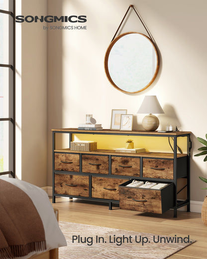 SONGMICS BELLAH Collection - Dresser with App-Controlled LED Lights and Charging Station, Chest, TV Stand, 7 Drawers, Rustic Brown and Ink Black