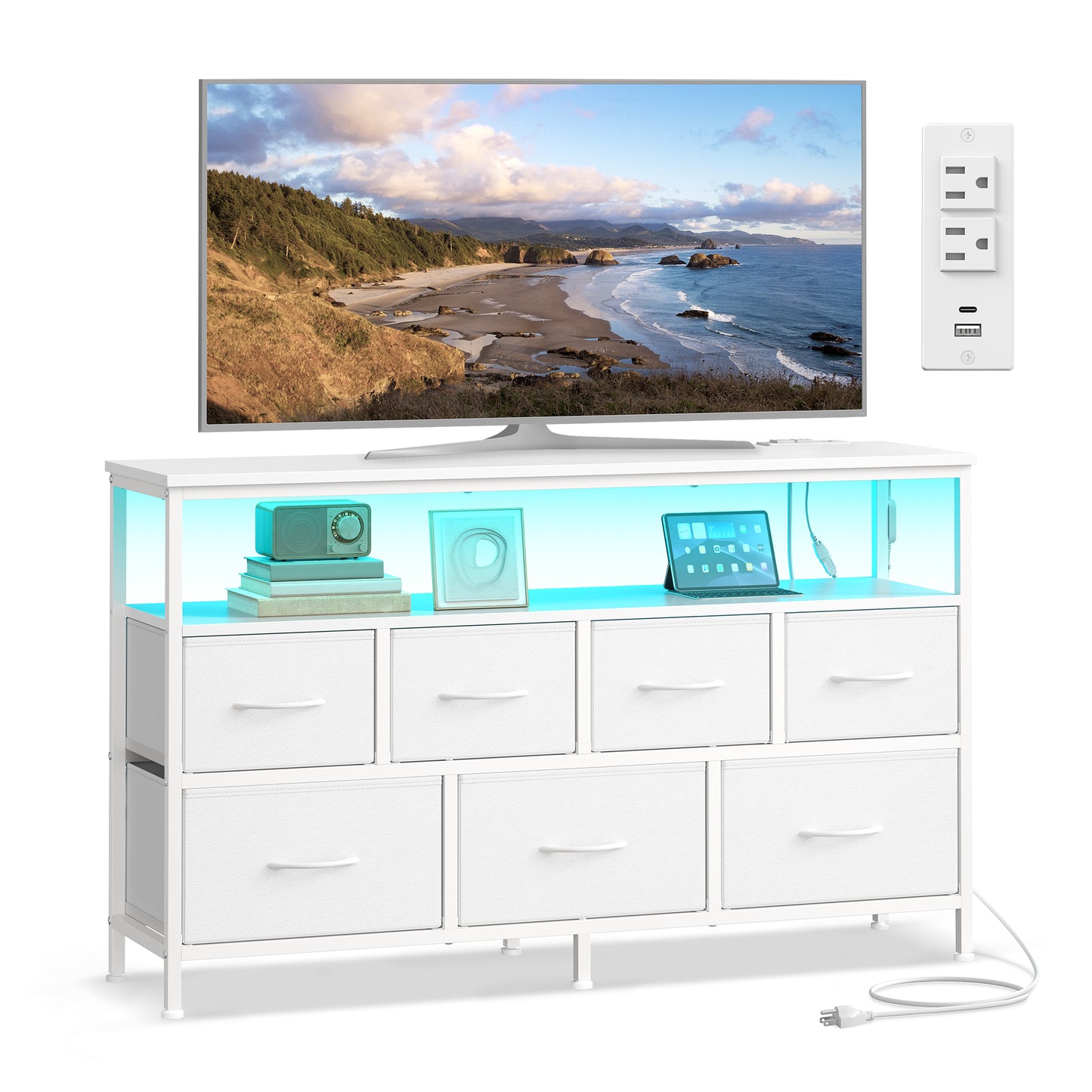 SONGMICS BELLAH Collection - Dresser for Bedroom with App-Controlled LED Lights and Charging Station, Chest, TV Stand, 7 Drawers, Cloud White