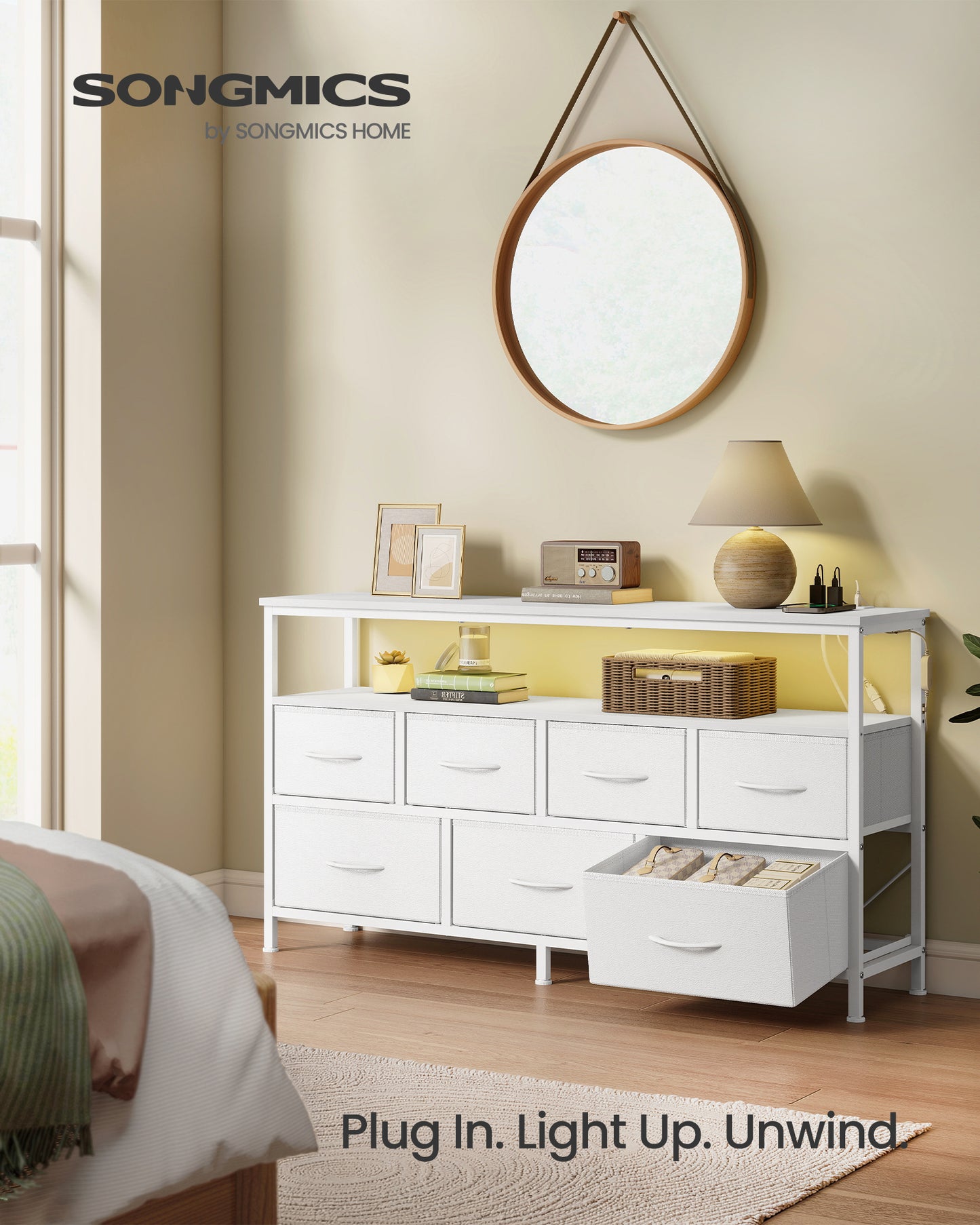 SONGMICS BELLAH Collection - Dresser for Bedroom with App-Controlled LED Lights and Charging Station, Chest, TV Stand, 7 Drawers, Cloud White