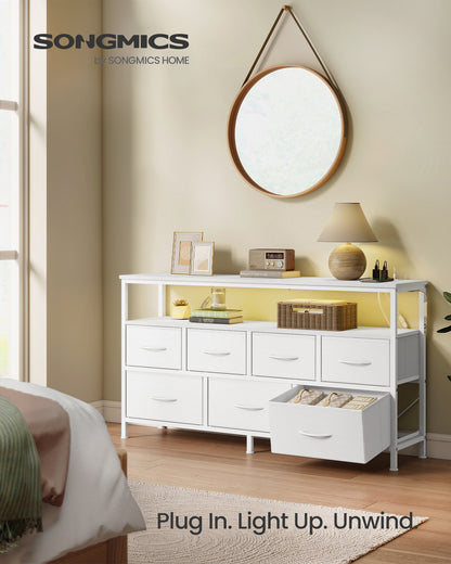 SONGMICS BELLAH Collection - Dresser for Bedroom with App-Controlled LED Lights and Charging Station, Chest, TV Stand, 7 Drawers, Cloud White