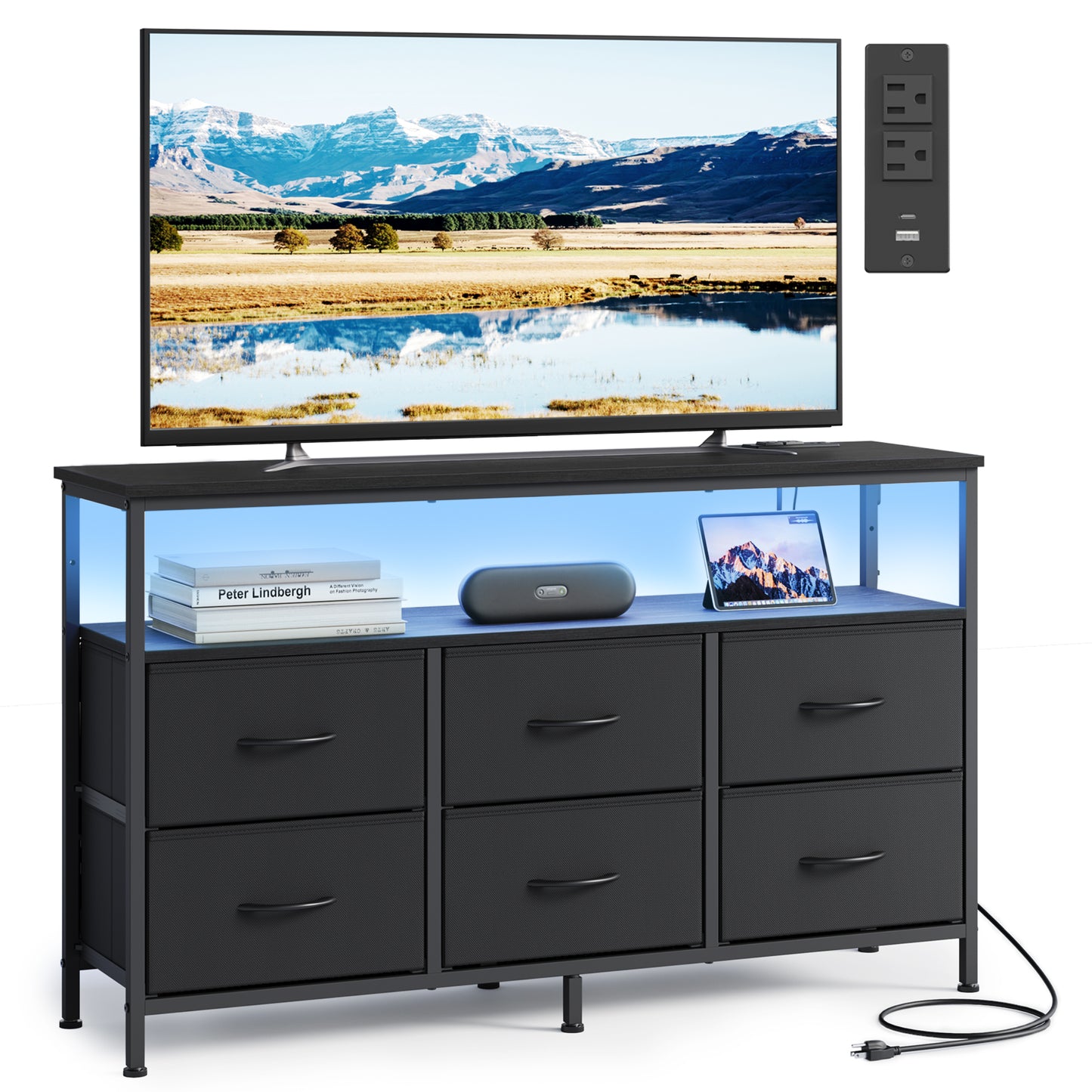 SONGMICS BELLAH Collection - Dresser for Bedroom, Chest of Drawers, TV Stand for TVs Up to 55 Inches, Closet, 6 Drawers and 1 Shelf, Ink Black