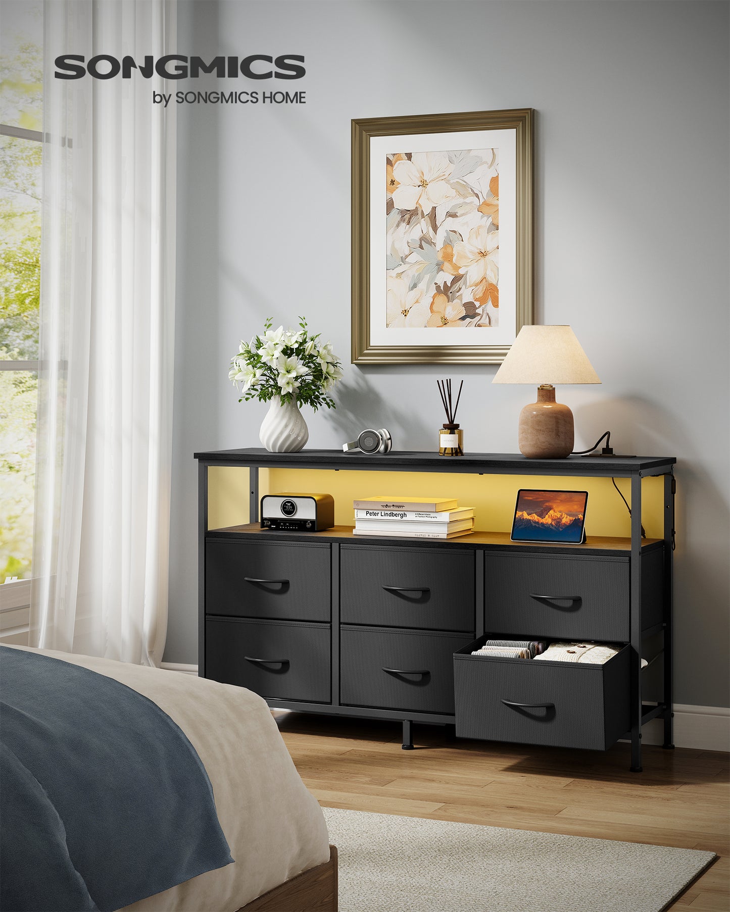 SONGMICS BELLAH Collection - Dresser for Bedroom, Chest of Drawers, TV Stand for TVs Up to 55 Inches, Closet, 6 Drawers and 1 Shelf, Ink Black