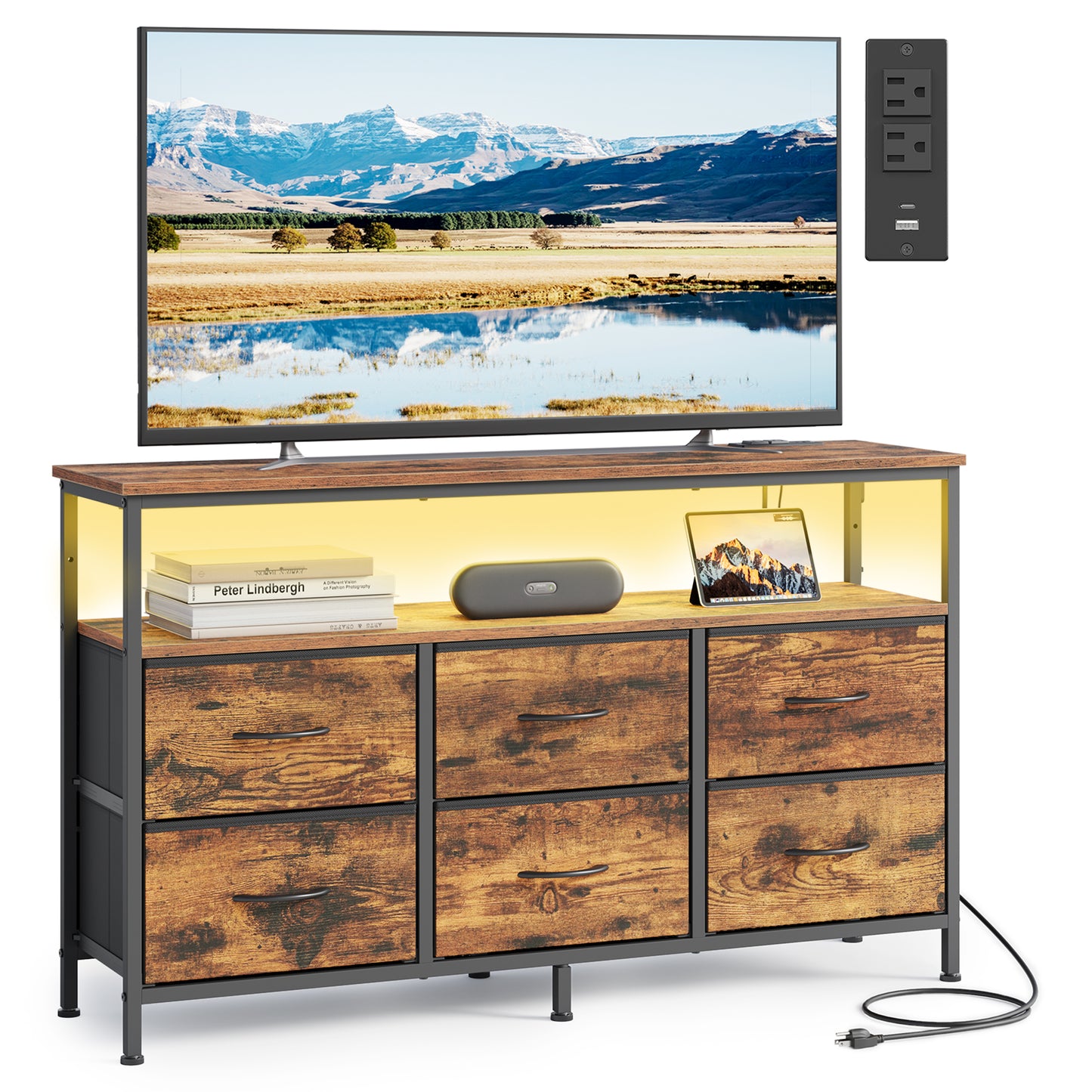SONGMICS BELLAH Collection - Dresser for Bedroom, Chest of Drawers, TV Stand Up to 55 In, Closet, 6 Drawers and 1 Shelf, Rustic Brown and Ink Black