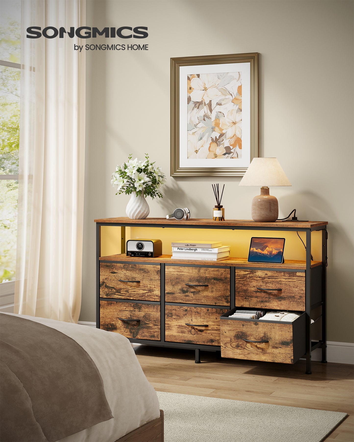 SONGMICS BELLAH Collection - Dresser for Bedroom, Chest of Drawers, TV Stand Up to 55 In, Closet, 6 Drawers and 1 Shelf, Rustic Brown and Ink Black
