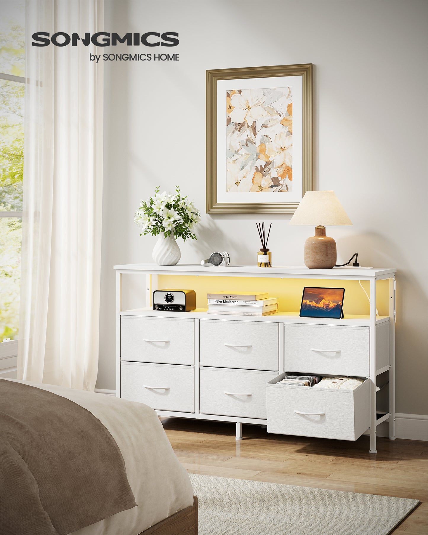 SONGMICS BELLAH Collection - Dresser for Bedroom, Chest of Drawers, TV Stand for TVs Up to 55 Inches, Closet, 6 Drawers and 1 Shelf, Cloud White