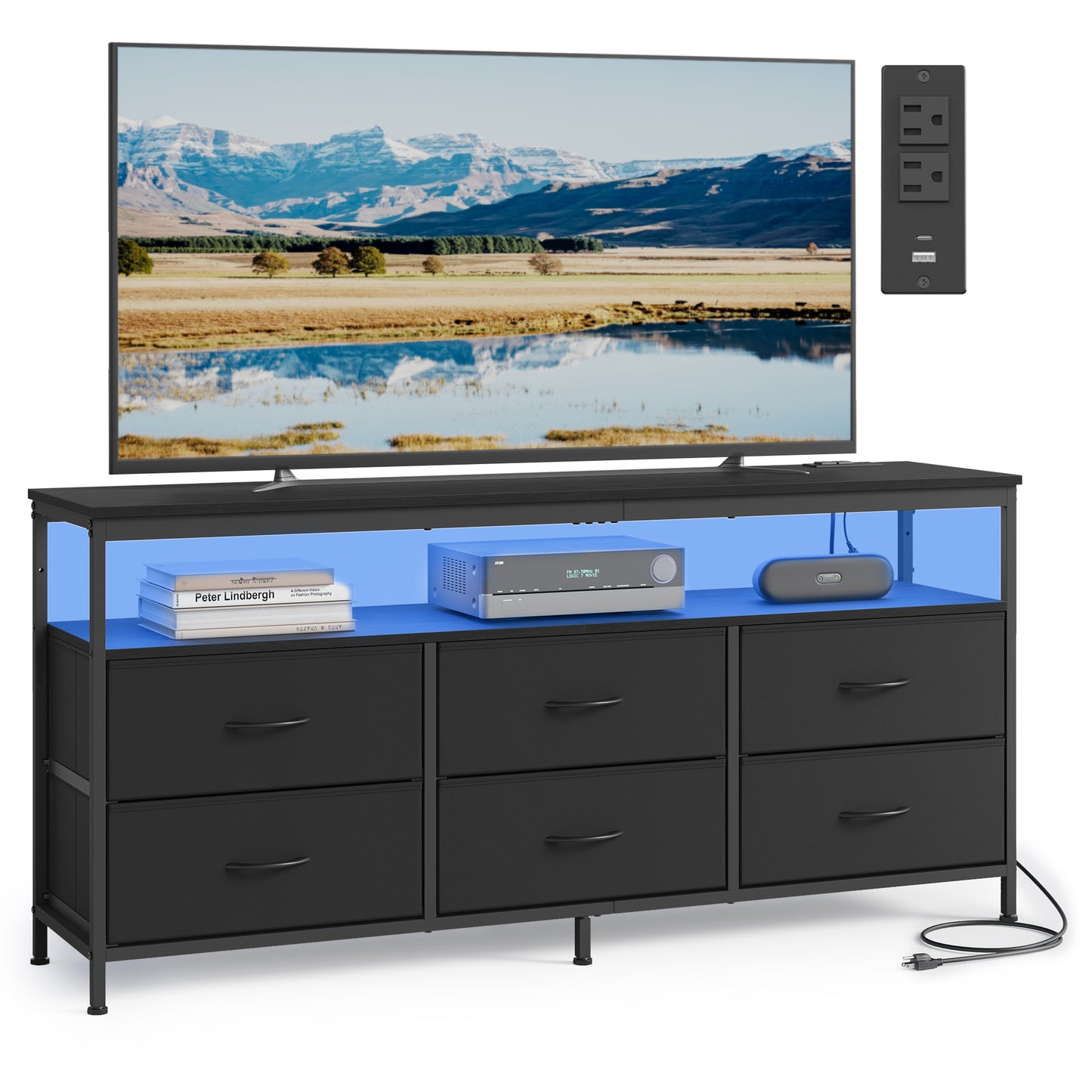 SONGMICS BELLAH Collection - Dresser for Bedroom, Chest of Drawers, TV Stand Up to 65 Inches, Closet, 6 Drawers and 1 Shelf, Modern, Ink Black