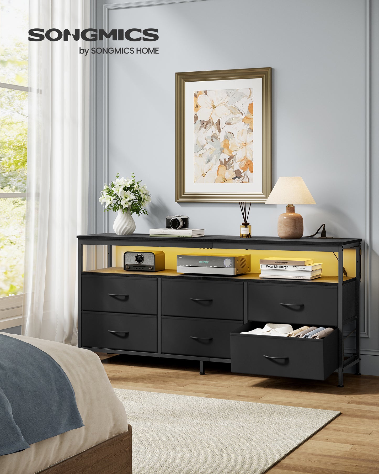 SONGMICS BELLAH Collection - Dresser for Bedroom, Chest of Drawers, TV Stand Up to 65 Inches, Closet, 6 Drawers and 1 Shelf, Modern, Ink Black