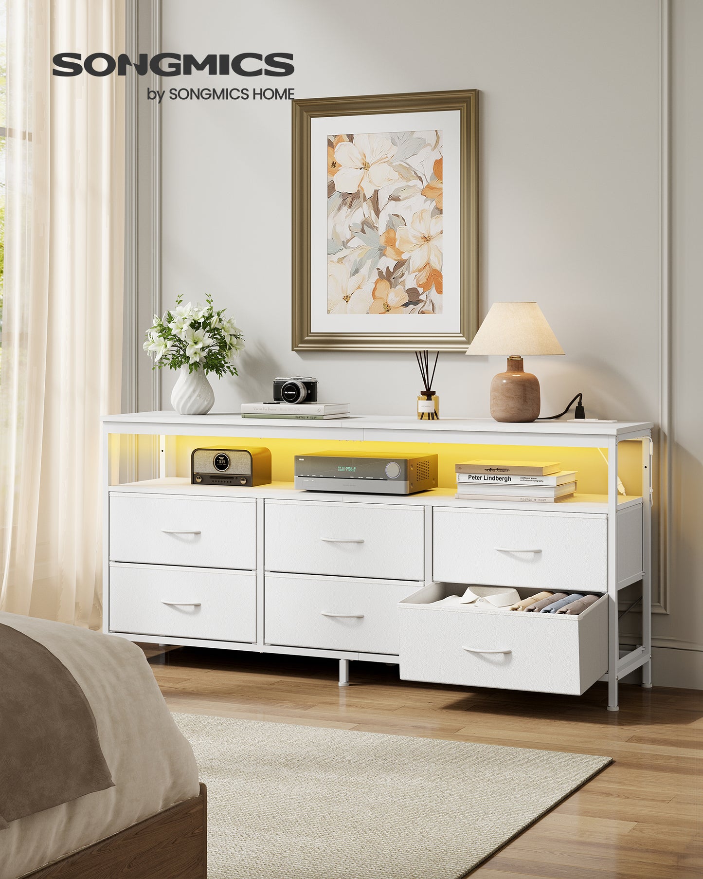 SONGMICS BELLAH Collection - Dresser for Bedroom, Chest of Drawers, TV Stand for TVs Up to 65 Inches, Closet, 6 Drawers and 1 Shelf, Cloud White