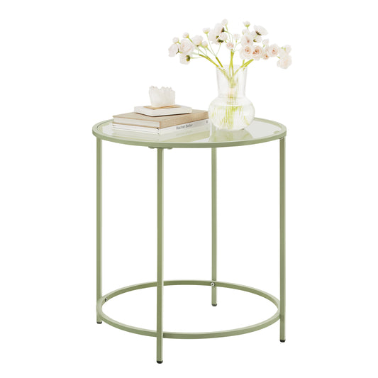 VASAGLE Round Side Table Glass End Table with Metal Frame Laurel Green Coffee Table with Modern Style Laurel Green