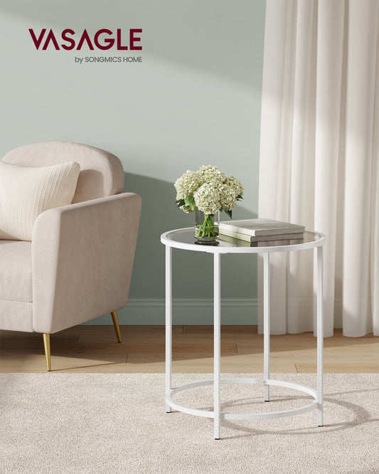 Round Side Table, Glass End Table with Metal Frame, White Coffee Table with Modern Style, for Living Room, Balcony, Bedroom, White