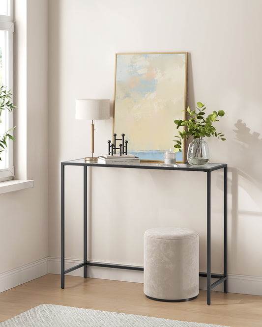 39.4 Inches Console Table, Tempered Glass Sofa Table, Modern Entryway Table, Metal Frame, Easy to Assemble, Adjustable Feet, for Living Room, Hallway, Black