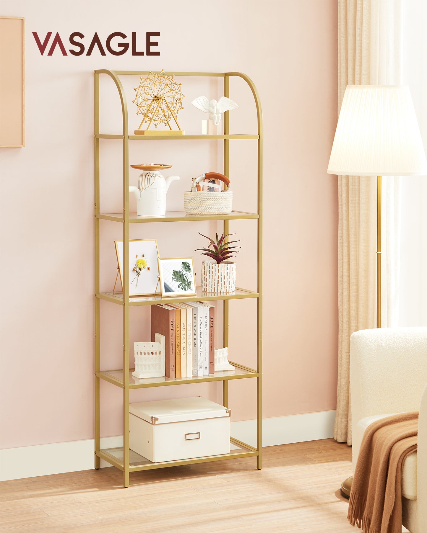 LEDREM 5-Tier Curved Design Bookshelf with Tempered Glass, Stylish Storage Solution for Home and Office, Ink Black and Transparent