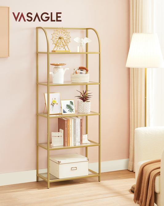 LEDREM 5-Tier Curved Design Bookshelf with Tempered Glass, Stylish Storage Solution for Home and Office, Ink Black and Transparent