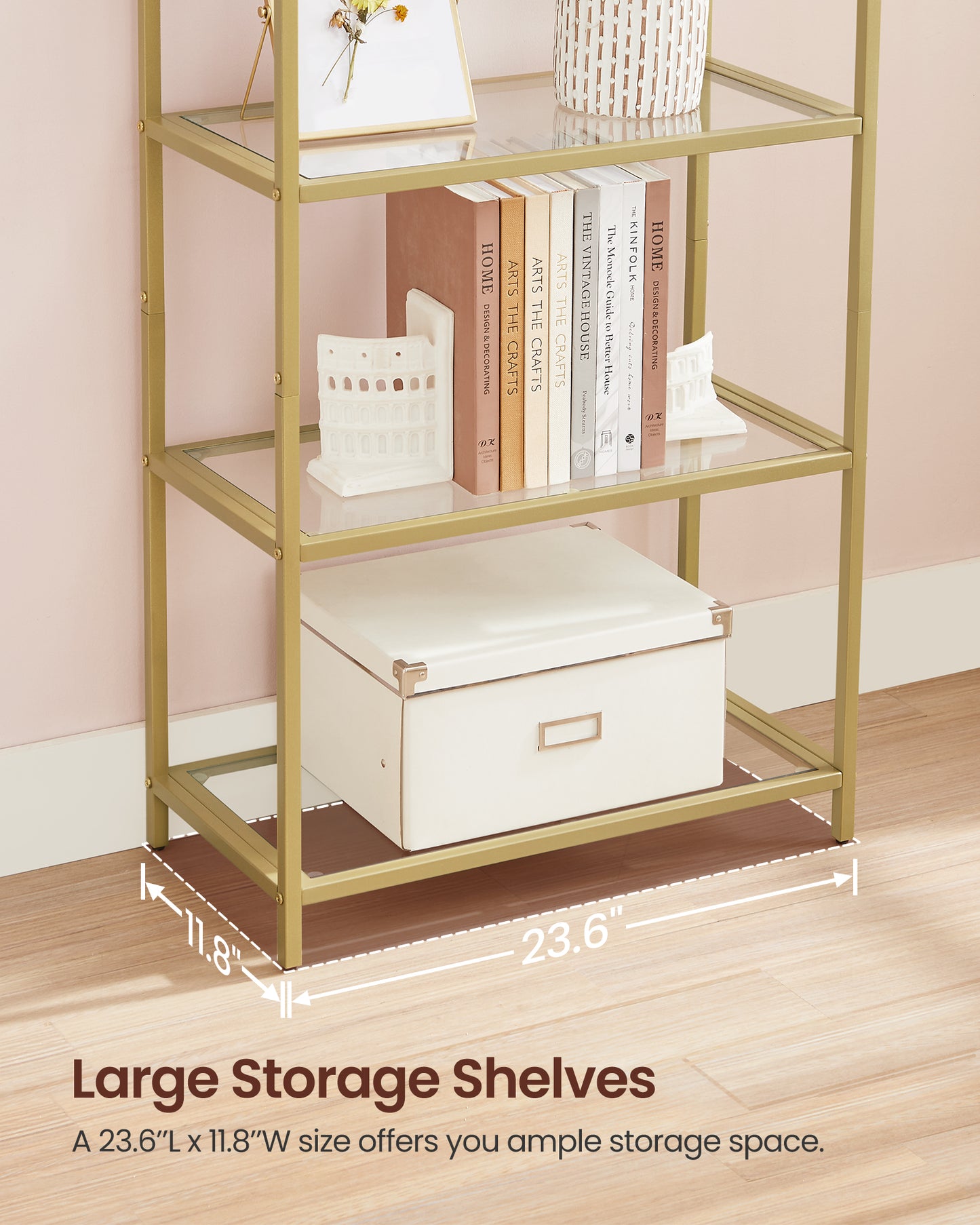 LEDREM 5-Tier Curved Design Bookshelf with Tempered Glass, Stylish Storage Solution for Home and Office, Ink Black and Transparent