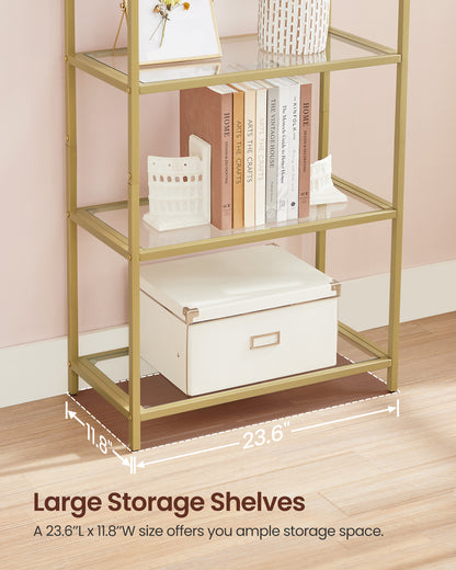 LEDREM 5-Tier Curved Design Bookshelf with Tempered Glass, Stylish Storage Solution for Home and Office, Ink Black and Transparent