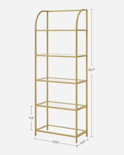 LEDREM 5-Tier Curved Design Bookshelf with Tempered Glass, Stylish Storage Solution for Home and Office, Ink Black and Transparent
