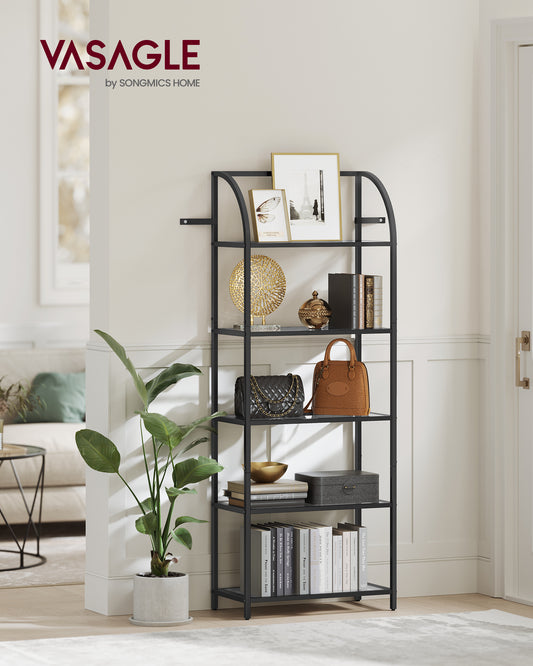 5-Tier Curved Design Bookshelf with Tempered Glass, Stylish Storage Solution for Home and Office, Ink Black and Transparent