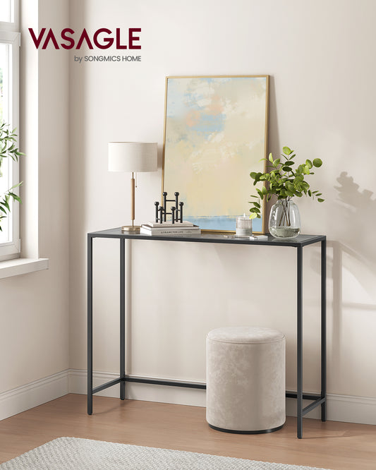 VASAGLE Entryway Table, Console Table, Tempered Glass Tabletop, Modern Sofa Table, Easy Assembly, with Adjustable Feet Ink Black and Slate Gray