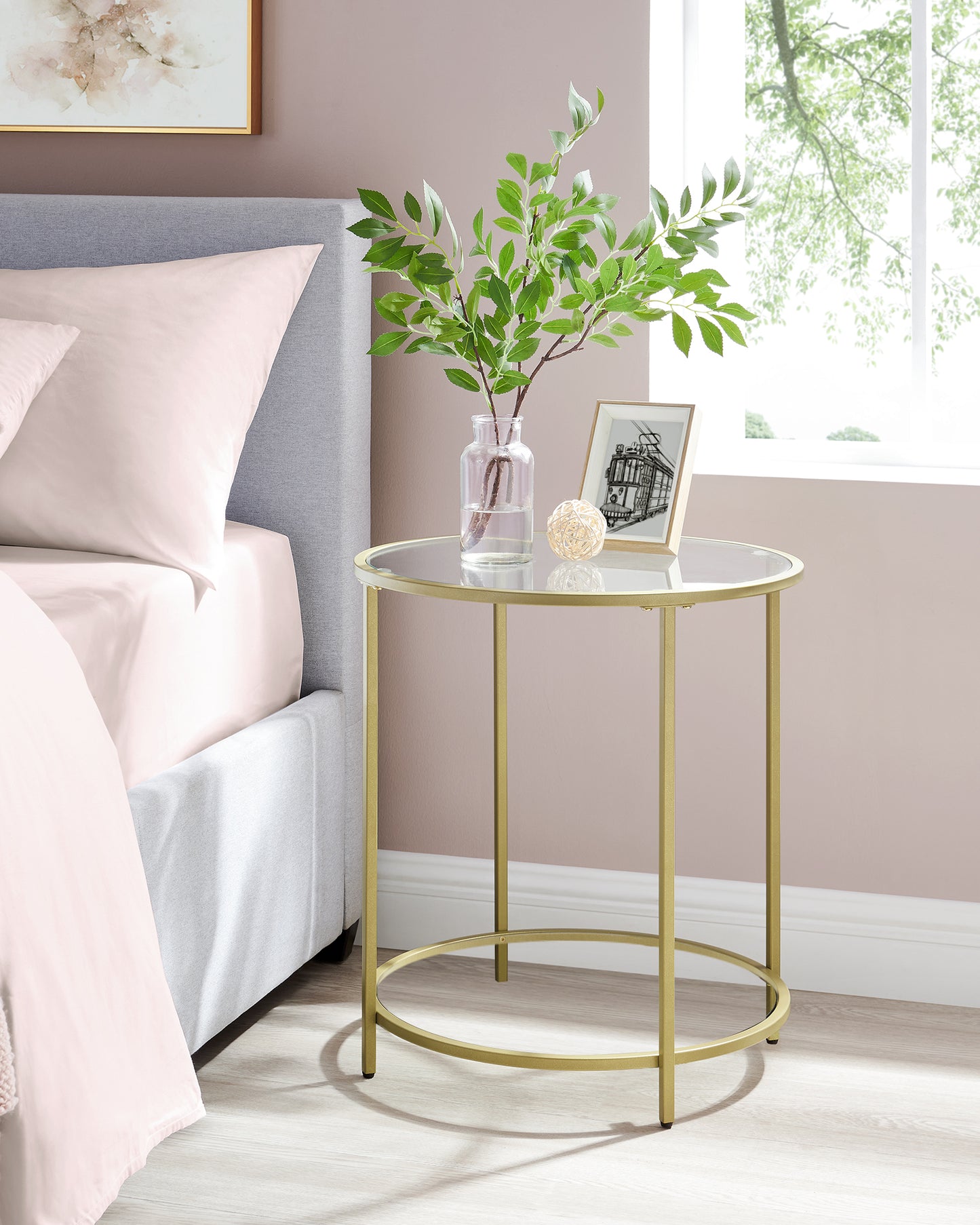 VASAGLE Round Side Table, Glass End Table with Metal Frame, Gold Coffee Table with Modern Style, for Living Room, Balcony, Bedroom, Gold Color