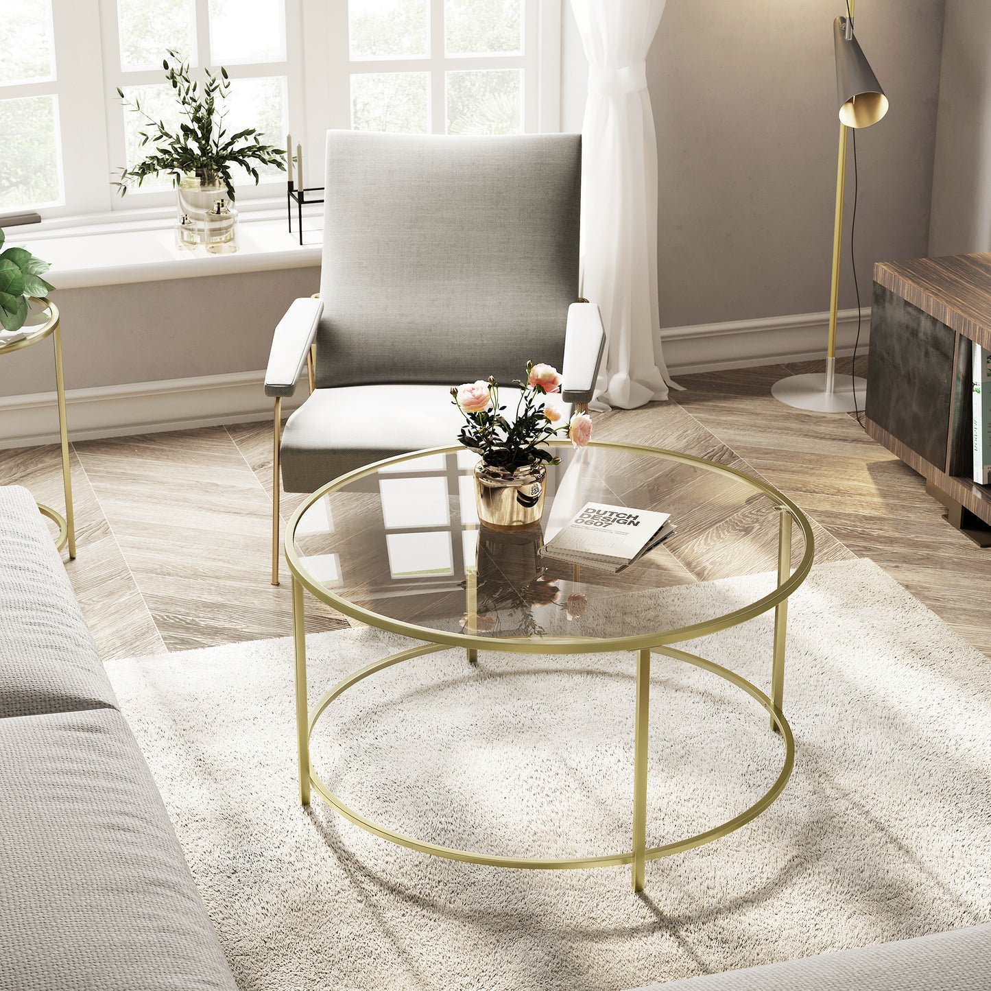 Round Coffee Table, 35.4 Inch Tempered Glass Top with Gold Steel Frame, 154 lb Capacity for Living Room, Gold