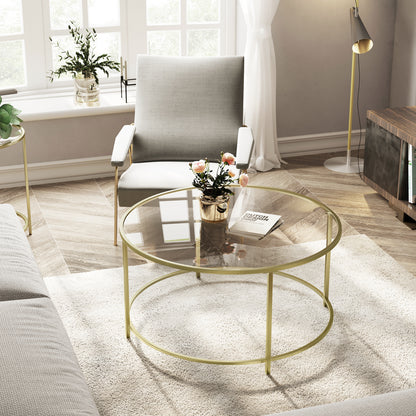 Round Coffee Table, 35.4 Inch Tempered Glass Top with Gold Steel Frame, 154 lb Capacity for Living Room, Gold