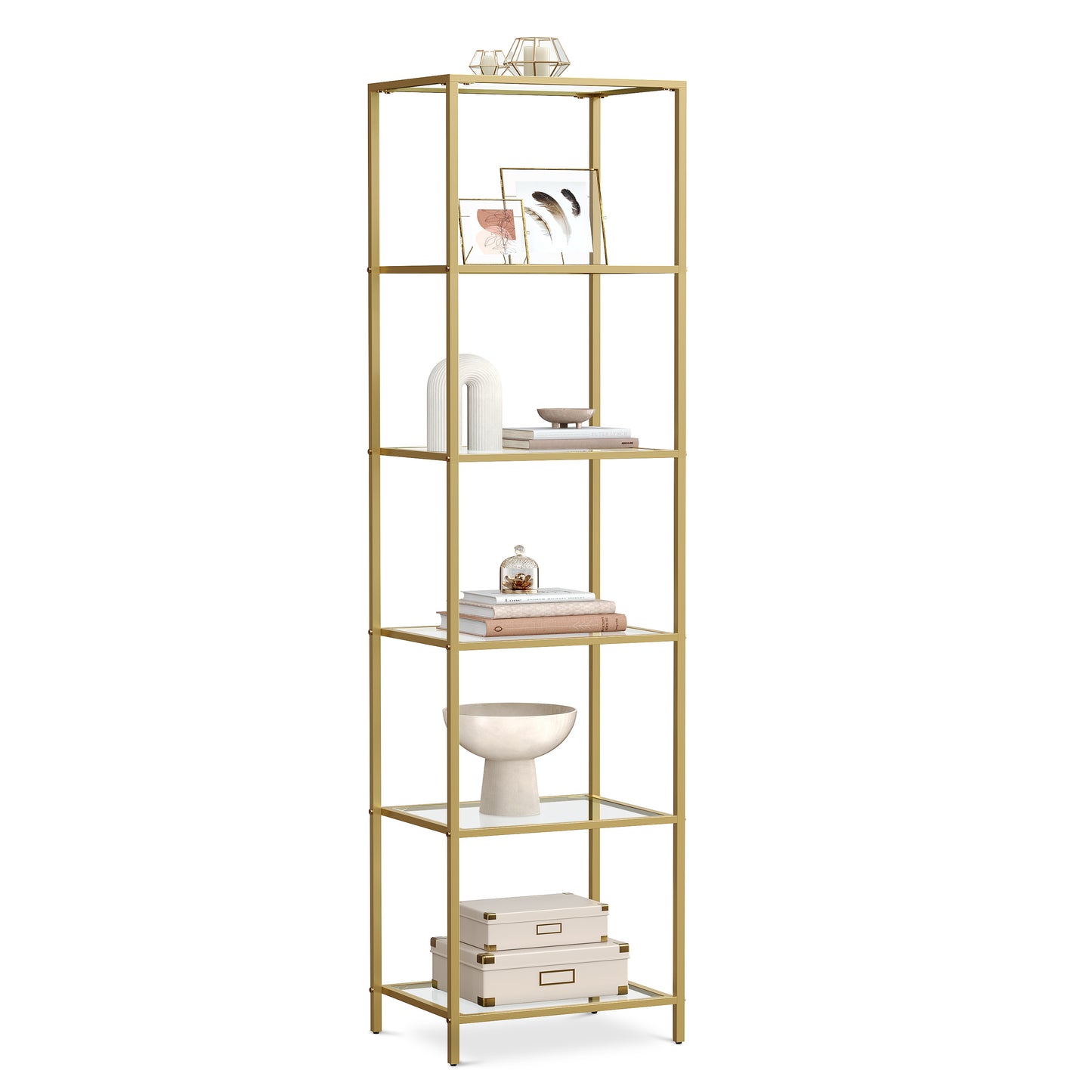 Gold Bookshelf, 6-Tier Bookcase Slim Storage Shelving for Home, Display Organizer Rack