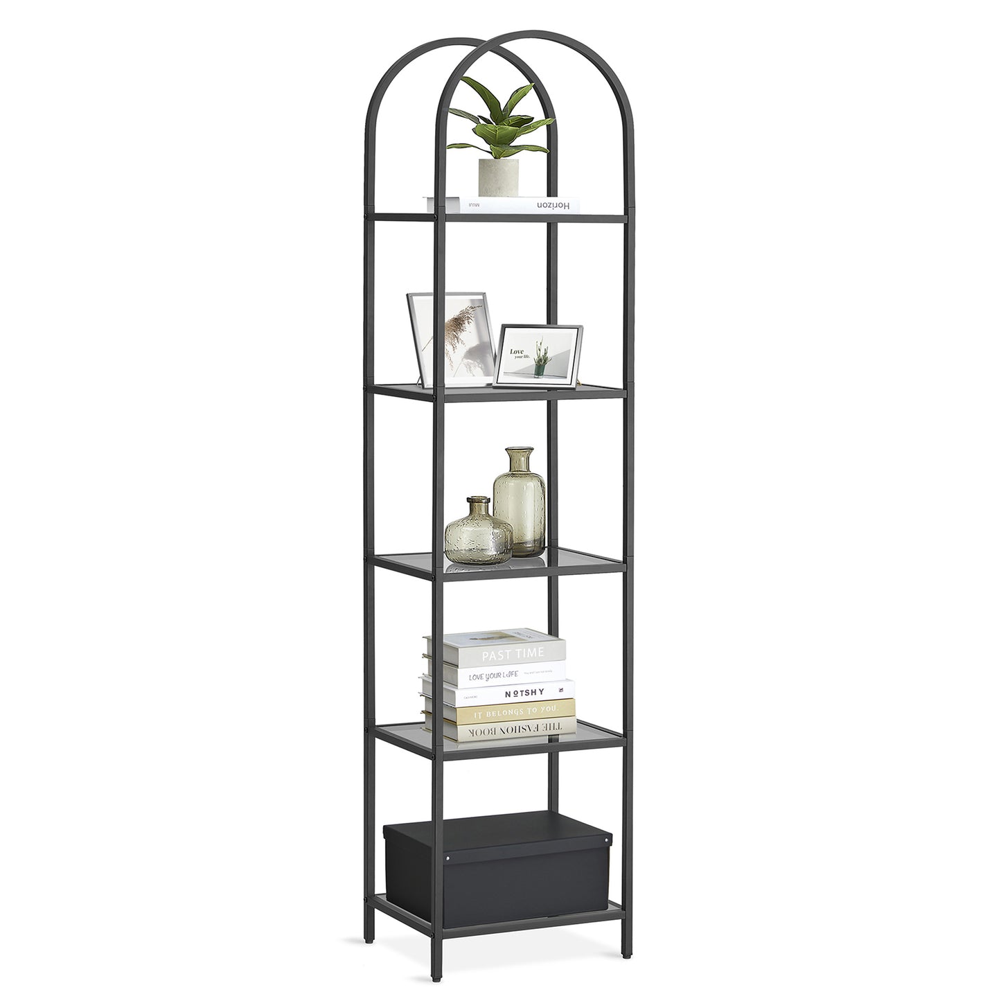 5-Tier Shelf, Tempered Glass Shelving Unit, Arched Design for Living Room Bedroom, Gray