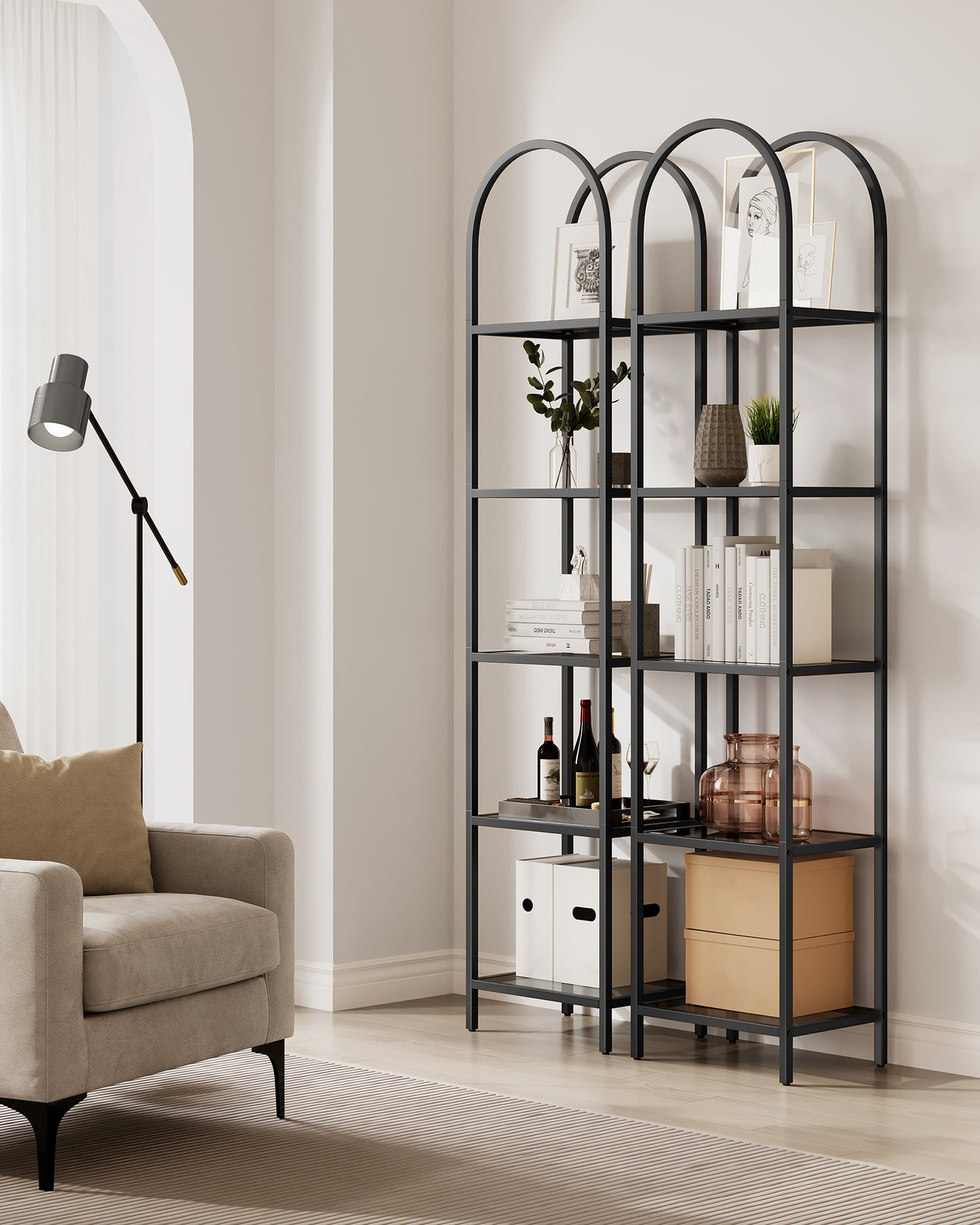 5-Tier Shelf, Tempered Glass Shelving Unit, Arched Design for Living Room Bedroom, Gray