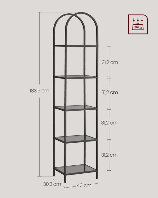 5-Tier Shelf, Tempered Glass Shelving Unit, Arched Design for Living Room Bedroom, Gray