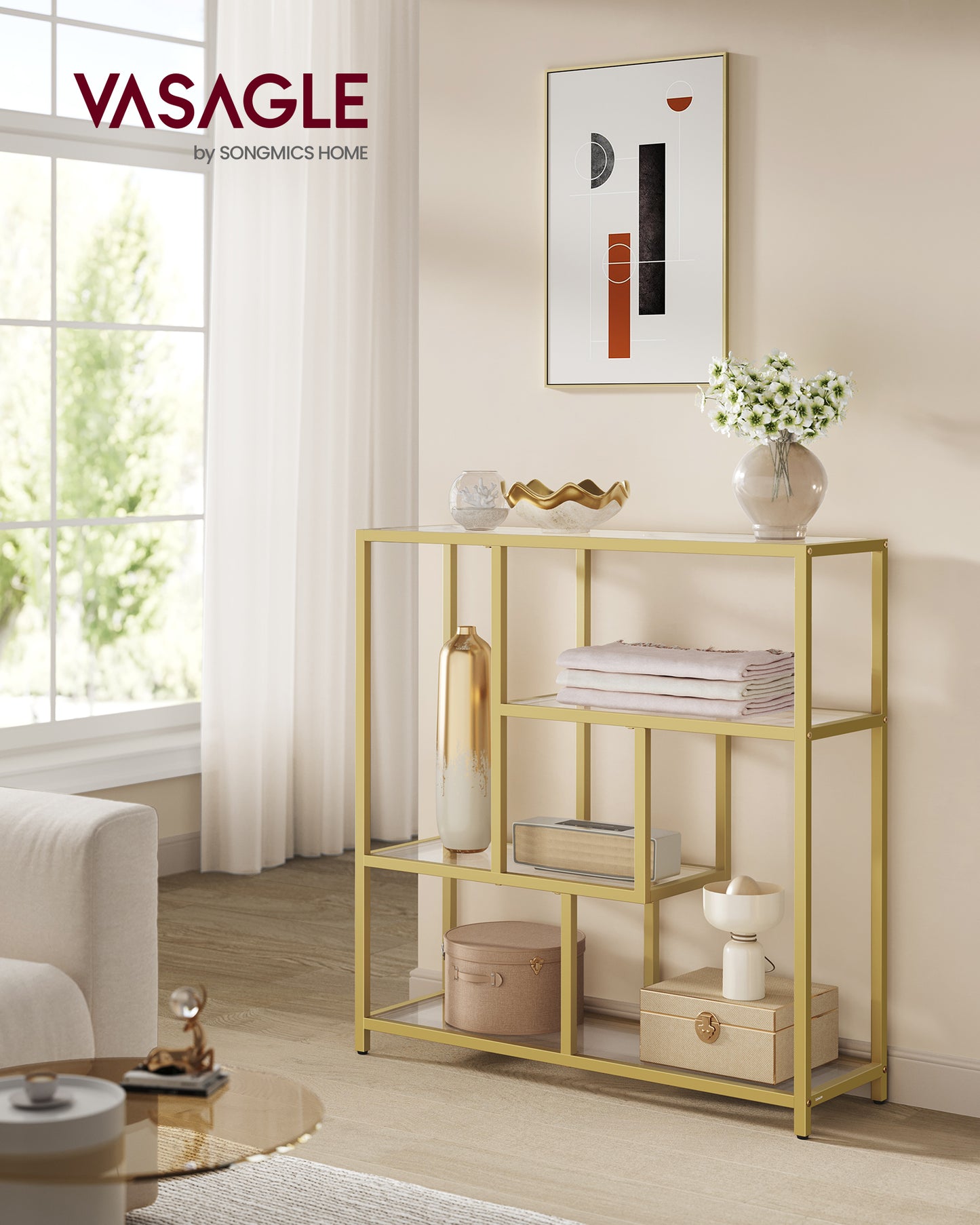 Transparent and Pale Gold 4 - Tier Bookcase - 11.8 x 39.4 x 40.6 Inches Freestanding Shelf. Ideal for Living Room, Office, Bedroom & Kitchen Storage