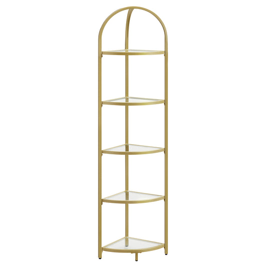 VASAGLE Corner Shelf Stand, 5 Tier Corner Bookshelf, Tempered Glass Shelves, Modern Style, Plant Stand with Steel Frame for Living Room, Bedroom, Kitchen, Bathroom, Golden Color ULGT810A01