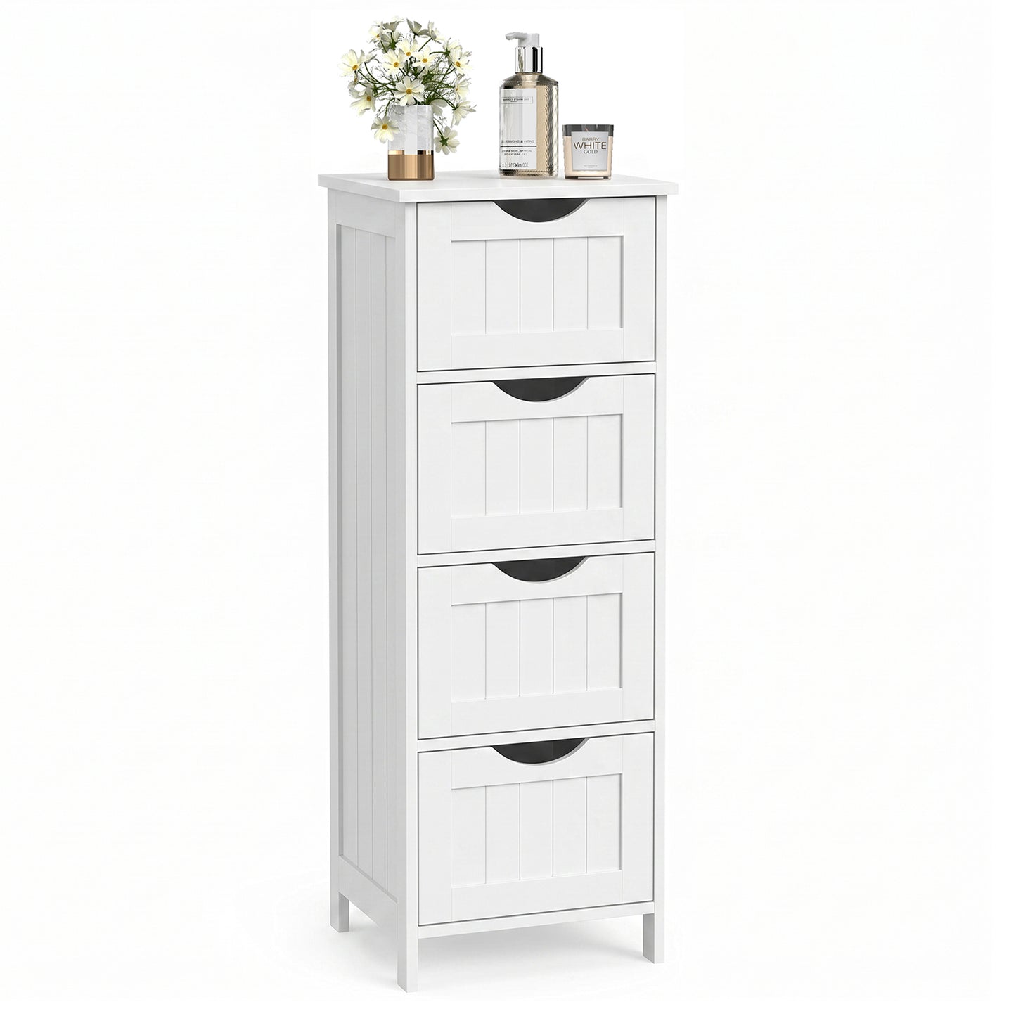 VASAGLE Bathroom Floor Storage Cabinet, Bathroom Storage Unit with 4 Drawers, Bathroom Cabinet Freestanding, 30 x 30 x 82 cm, Modern Style, White