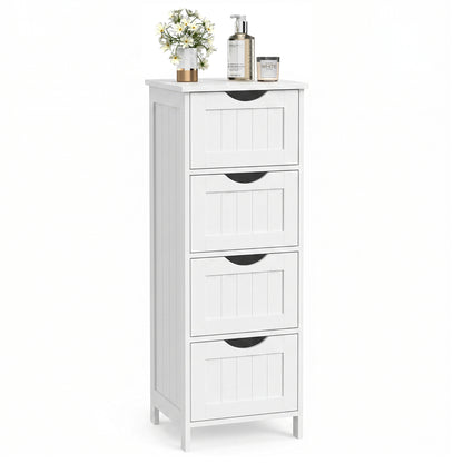 VASAGLE Bathroom Floor Storage Cabinet, Bathroom Storage Unit with 4 Drawers, Bathroom Cabinet Freestanding, 30 x 30 x 82 cm, Modern Style, White