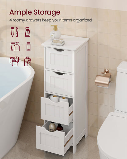 VASAGLE Bathroom Floor Storage Cabinet, Bathroom Storage Unit with 4 Drawers, Bathroom Cabinet Freestanding, 30 x 30 x 82 cm, Modern Style, White