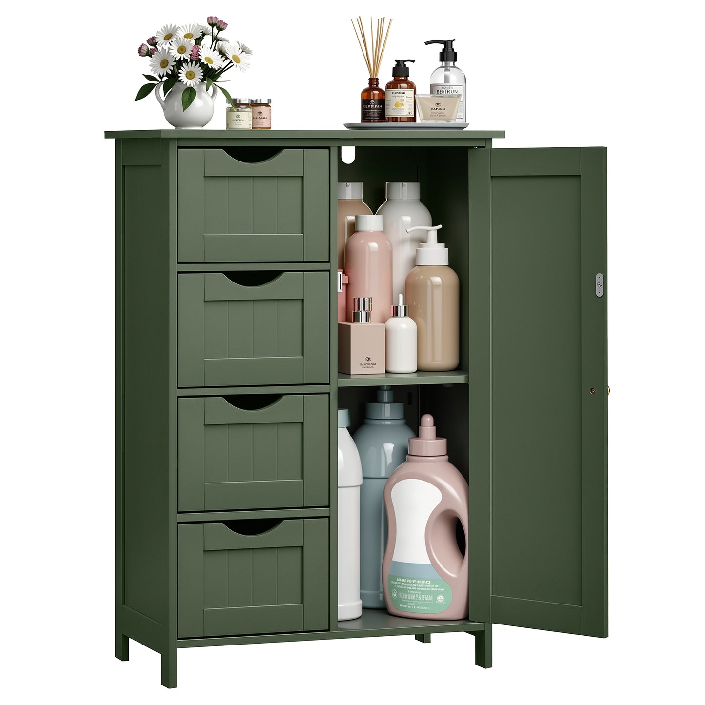 VASAGLE Storage Cabinet with Drawers, Freestanding Floor Cabinet with Door, 11.8 x 21.7 x 32.3 Inches, Adjustable Shelf, Sage Green