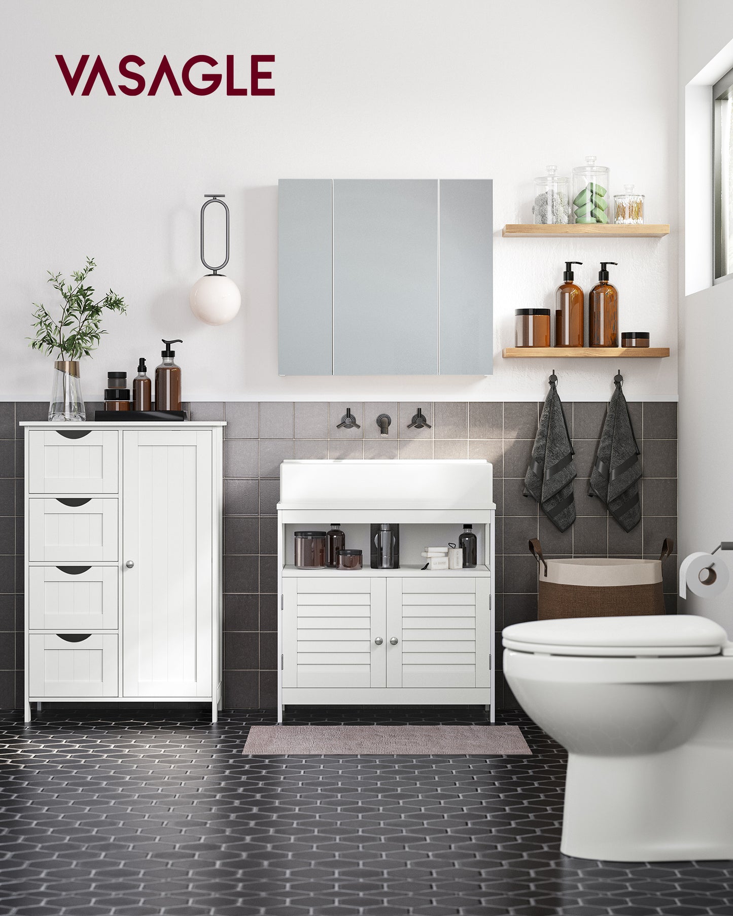 VASAGLE Storage Cabinet with Drawers, Freestanding Floor Cabinet with Door, 11.8 x 21.7 x 32.3 Inches, Adjustable Shelf, for Bathroom, Cloud White