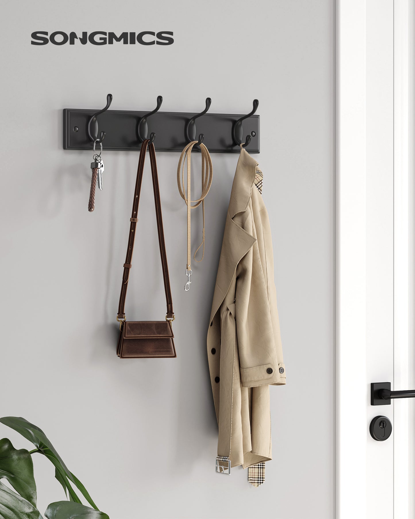 4-Prong Wall Hook Rack, Sturdy Metal Coat Hanger for Jackets, Bags & Keys, Space-Saving Organizer, Black