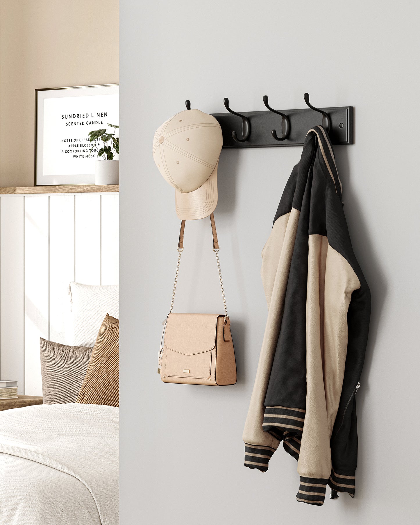 4-Prong Wall Hook Rack, Sturdy Metal Coat Hanger for Jackets, Bags & Keys, Space-Saving Organizer, Black