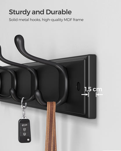 4-Prong Wall Hook Rack, Sturdy Metal Coat Hanger for Jackets, Bags & Keys, Space-Saving Organizer, Black