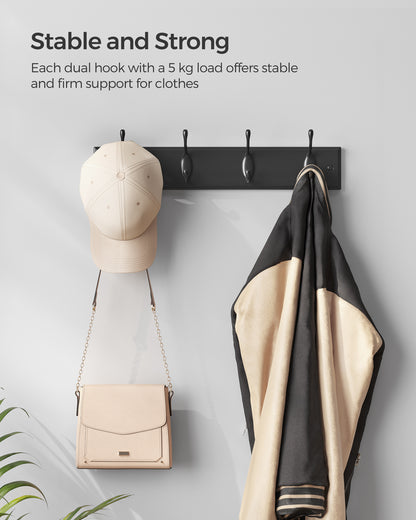4-Prong Wall Hook Rack, Sturdy Metal Coat Hanger for Jackets, Bags & Keys, Space-Saving Organizer, Black