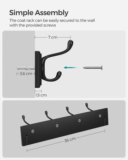 4-Prong Wall Hook Rack, Sturdy Metal Coat Hanger for Jackets, Bags & Keys, Space-Saving Organizer, Black